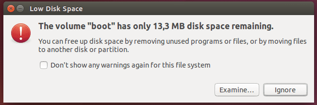 The volume “boot” has only 13,3 MB disk space remaining