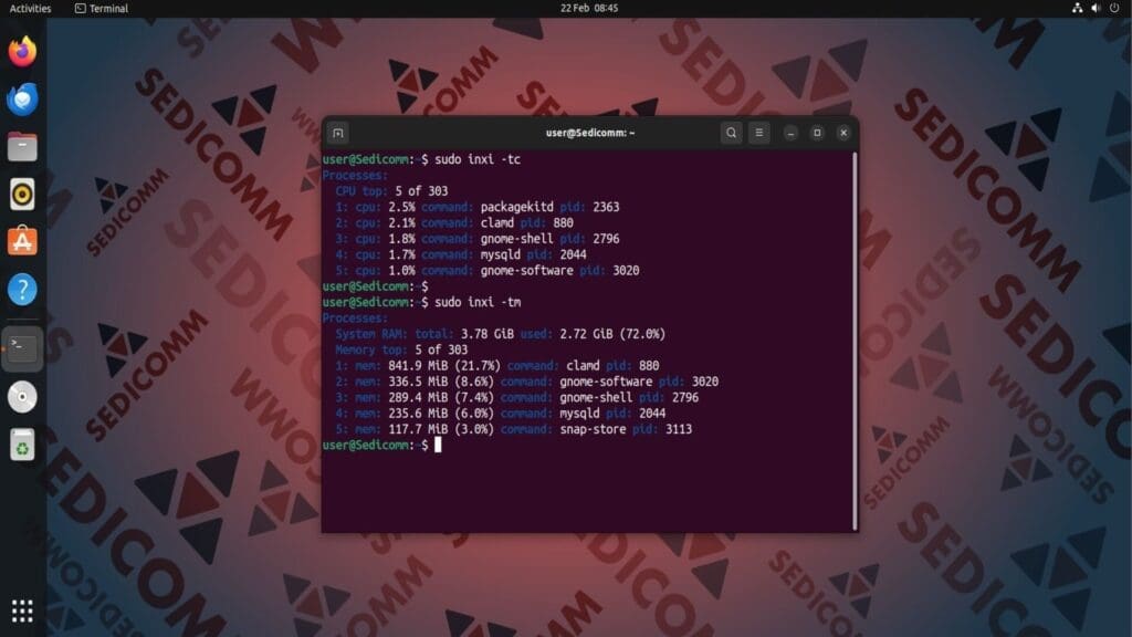 show 5 top processes statistics by cpu and memory