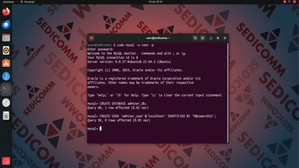 create adminer database