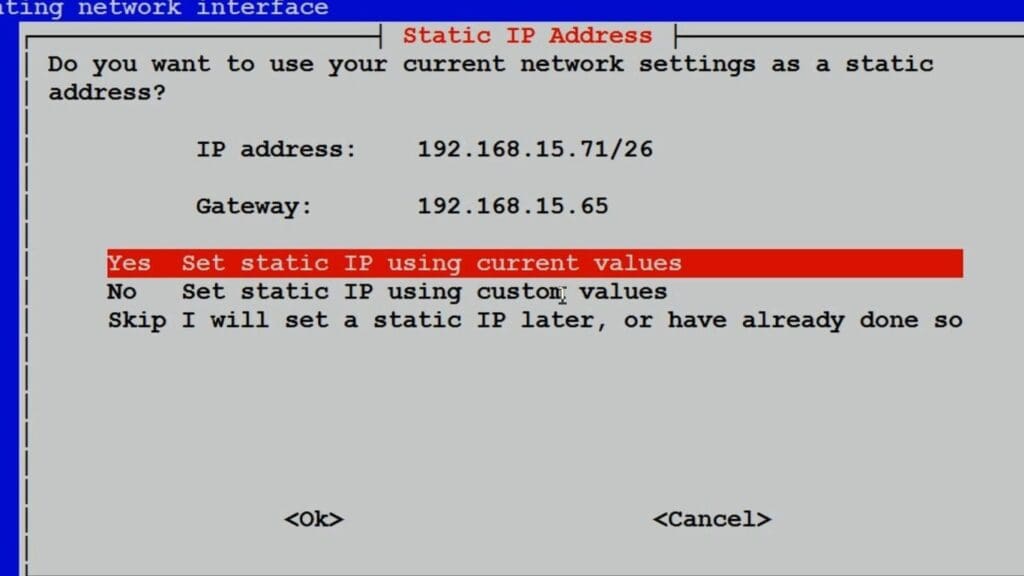 Соглашаемся задать статический IP-адрес нашему Raspberry Pi с использованием автоматически определенных значений