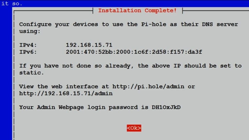 Получаем сообщение об успешном завершении установки Pi-hole и пароль для входа в веб-интерфейс