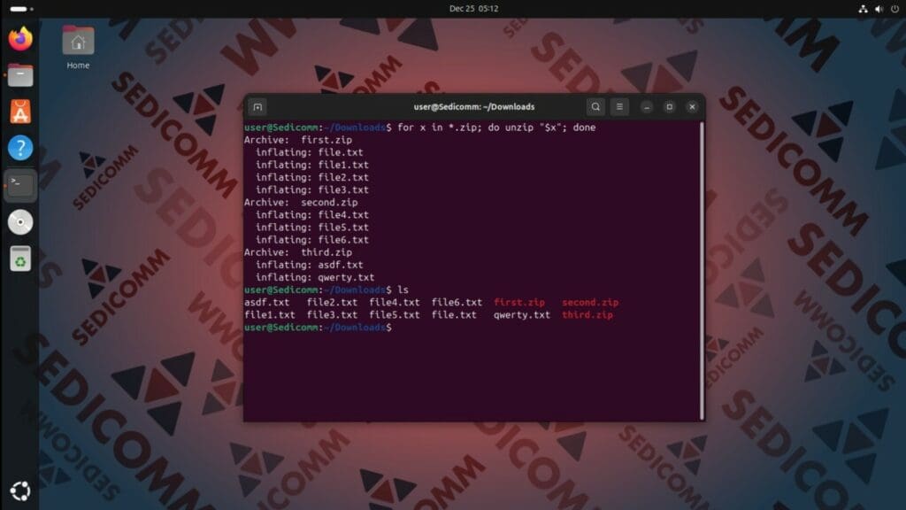 unzip using for loop
