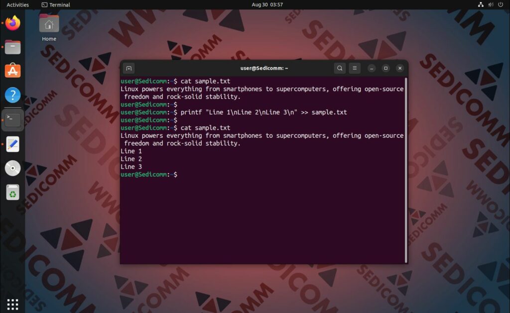 append multiple lines using printf